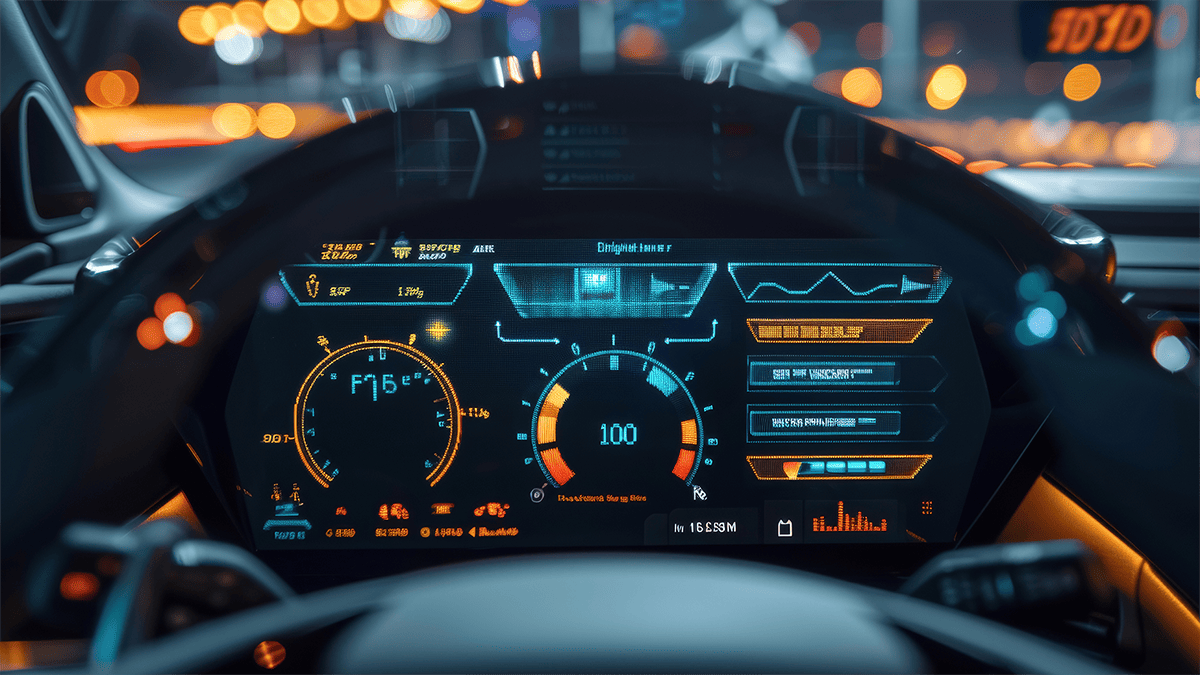 Futuristic car dashboard displaying digital gauges with glowing orange and blue lights. Speedometer reads 100. Reflects advanced, high-tech driving. Futuristic car dashboard displaying digital gauges with glowing orange and blue lights. Speedometer reads 100. Reflects advanced, high-tech driving.