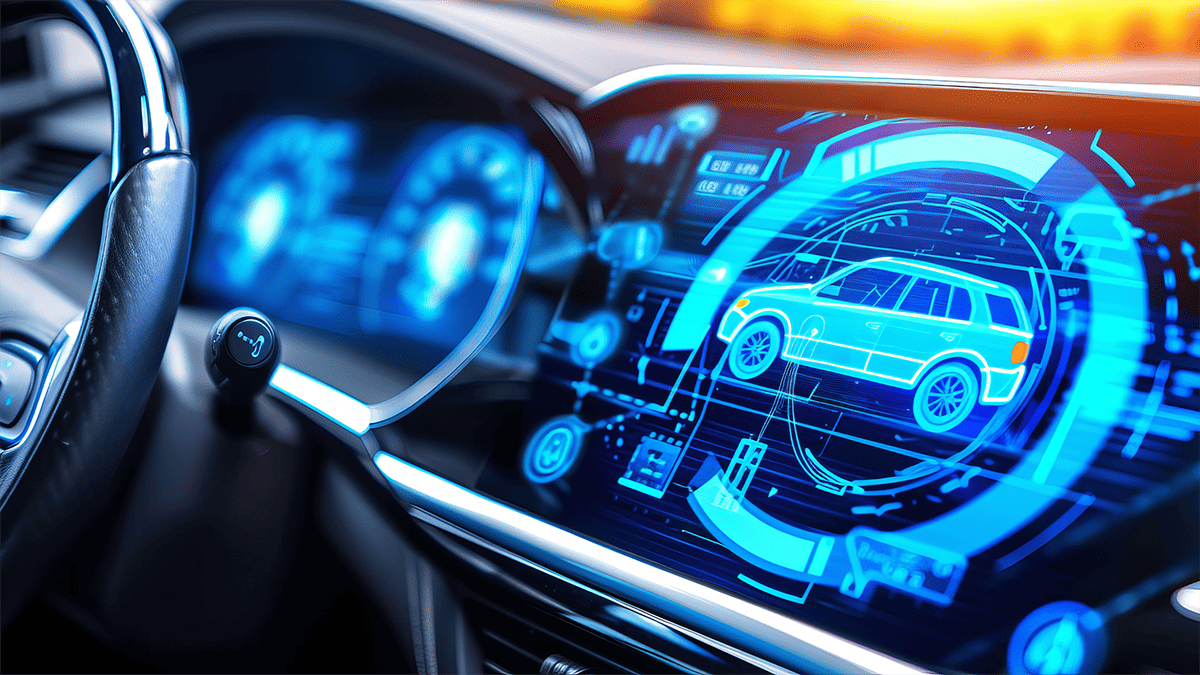 Futuristic car dashboard with glowing blue digital displays. Futuristic car dashboard with glowing blue digital displays.